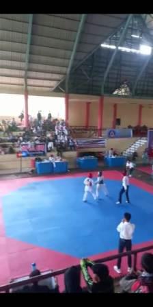 Claudia Lovely N saat berkompetisi dalam partai final kejuaraan Taekwondo tingkat Sulteng yang dilaksanakan di GOR Madani, Ahad (5/2/2023). FOTO: IST