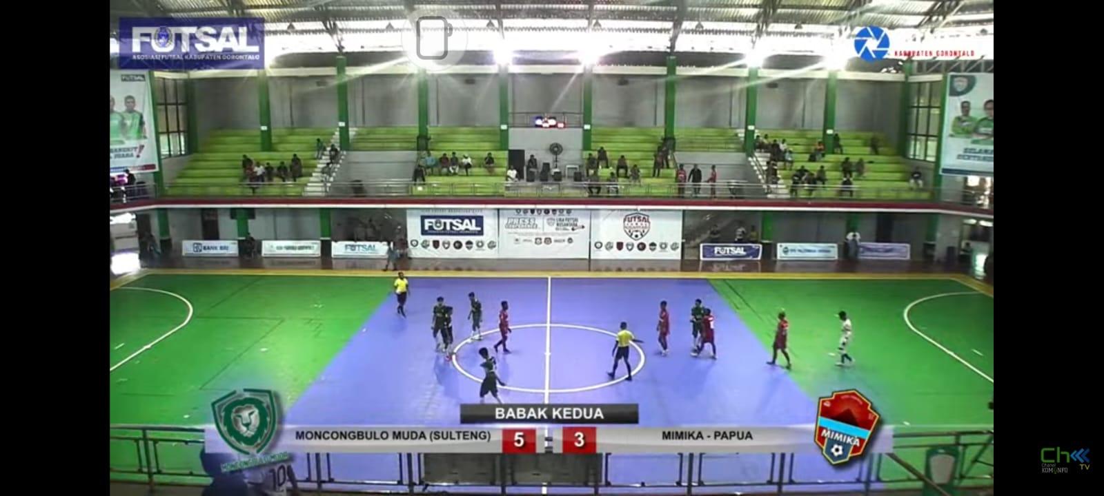 Pertandingan antara tim futsal Moncong Bulo Muda (Sulteng) VS Futsal Mimika (Papua) pada babak 34 besar nasional Liga Futsal Nusantara (LFN) Tahun 2023, Kamis (8/6/2023) siang. FOTO: IST