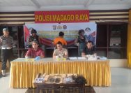 Suasana konferensi pers Polres Poso terkait peristiwa penikaman di daerah tersebut. Tampak pelaku berbaju orange serta barang bukti berupa sajam dan pakaian korban, Selasa (19/12/2023). FOTO: IST